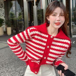 Peter Pan Collar Long-sleeve Striped Cardigan