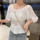 Ruffle Trim Elbow Sleeve Blouse White - One Size