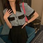Short-sleeve Contrast Trim Denim Shirt / Pleated A-line Skirt