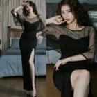 Sheer Long-sleeve Maxi Knit Dress