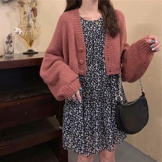 Floral Mini A-line Dress / Plain Cropped Cardigan