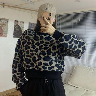 Leopard Round Neck Sweater Grayish Blue - One Size