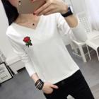 Long-sleeve Rose Embroidered V-neck T-shirt