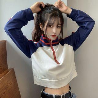 Mock-neck Long-sleeve Color Block Zip Cropped Sweatshirt