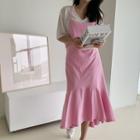 Ruffle-hem Long Overall Dress Pink - One Size