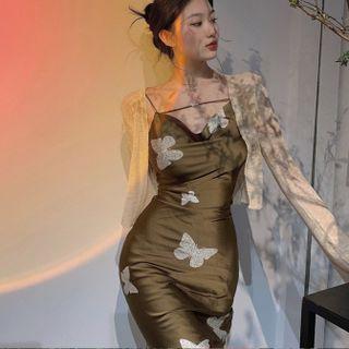 Open Front Cardigan / Spaghetti Strap Butterfly Print Sheath Dress