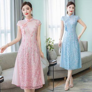 Embroidered Cap-sleeve A-line Midi Qipao