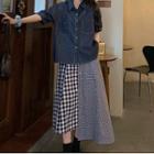 Short-sleeve Denim Shirt / Plaid Midi A-line Skirt