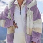 Color Block Fluffy Hooded Jacket