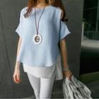 Short-sleeve Color-block Top Blue - One Size
