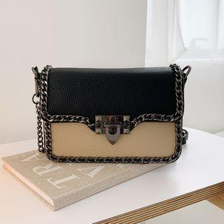 Chain-trim Two-tone Flap Crossbody Bag Beige - One Size