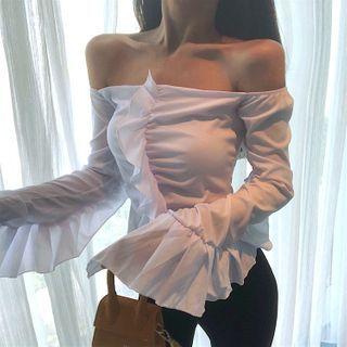 Plain Off-shoulder Bell-sleeve Slim-fit Top White - One Size