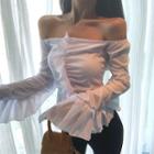 Plain Off-shoulder Bell-sleeve Slim-fit Top White - One Size