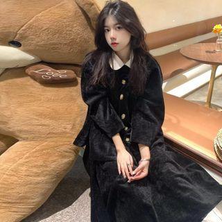 Puff-sleeve Velvet Blouse / Midi A-line Skirt
