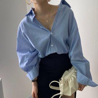 Striped Long-sleeve Shirt / Skinny Split Skirt