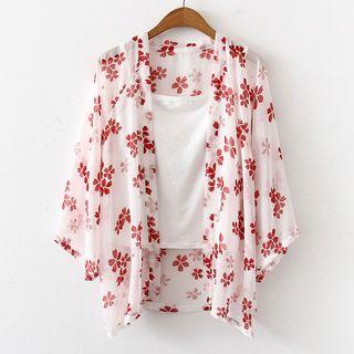 Set: Spaghetti Strap Top + 3/4-sleeve Floral Light Jacket Top - White - One Size / Jacket - Red Flower - White - One Size
