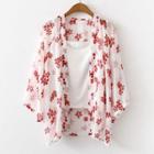 Set: Spaghetti Strap Top + 3/4-sleeve Floral Light Jacket Top - White - One Size / Jacket - Red Flower - White - One Size