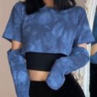 Set: Long-sleeve Tie Dye Cutout Crop Top + Camisole Top Cropped Top - Blue & Camisole - Black - One Size