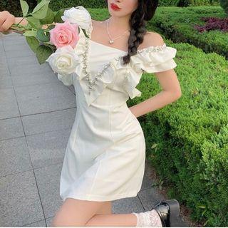 Ruffle Trim Rhinestone Mini A-line Dress