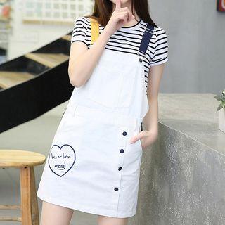 Embroidered Pinafore Dress / + Striped Short-sleeve T-shirt