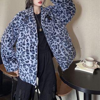Furry Leopard Print Zip Jacket