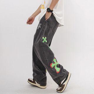 Cross Print Loose Fit Jeans