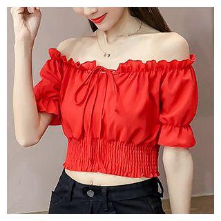 Plain Off-shoulder Elbow-sleeve Ruffled Blouse