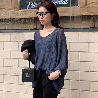 Long-sleeve Knitted V-neck Loose-fit Top