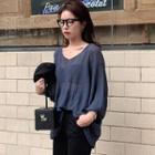 Long-sleeve Knitted V-neck Loose-fit Top