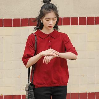 Short-sleeve Polo Knit Top Wine Red - One Size