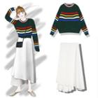 Striped Long-sleeve Knit Top / Chiffon Panel Midi A-line Skirt