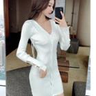 V-neck Button-up Ribbed Knit Dress