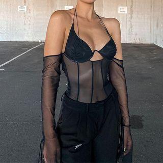 Long-sleeve Mesh Panel Backless Halter Top