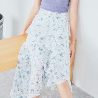 Floral Print Asymmetric Hem Midi Skirt