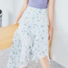 Floral Print Asymmetric Hem Midi Skirt