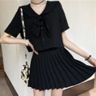 Tie-front Short-sleeve Shirt / Pleated A-line Skirt