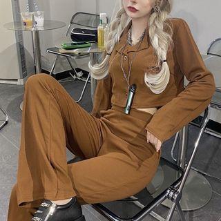 Long-sleeve Cropped Blouse / Straight Leg Pants