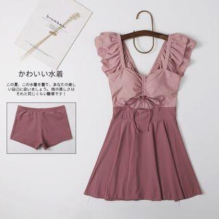 Set: Sleeveless Ruffled Two-tone Swim Dress + Shorts