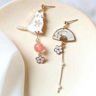 925 Sterling Silver Asymmetric Cat Drop Earring