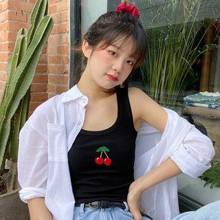 Cherry Embroidered Cropped Tank Top / Plain Shirt