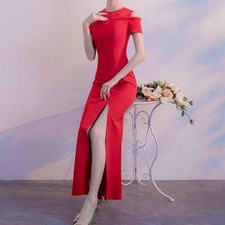 Short-sleeve Slit Mermaid Evening Gown