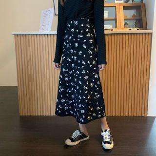 Floral High-waist Long A-line Skirt Black - One Size
