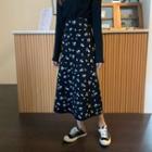 Floral High-waist Long A-line Skirt Black - One Size