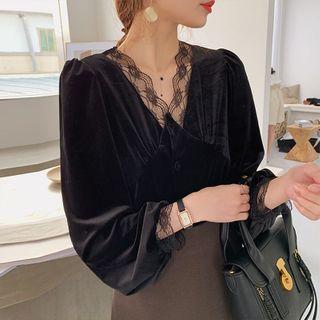 Long-sleeve Lace Hem Plain Top