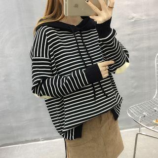Elbow-applique Striped Hooded Sweatshirt
