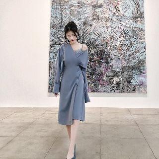 Set: Long-sleeve Dress + Lace-trim Slipdress