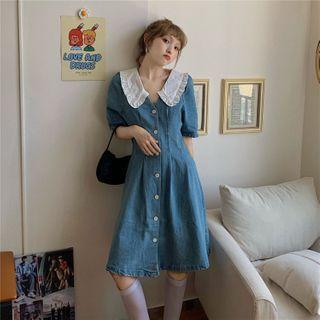 Elbow-sleeve Collar Midi A-line Denim Dress