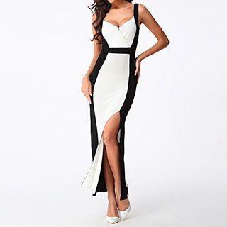Two-tone Slit-side Sheath Maxi Dress