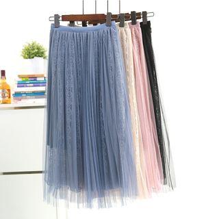 Lace & Mesh Overlay Velvet Skirt