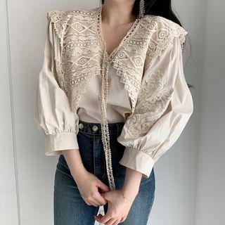 Eyelet Lace Collar Lantern-sleeve Blouse